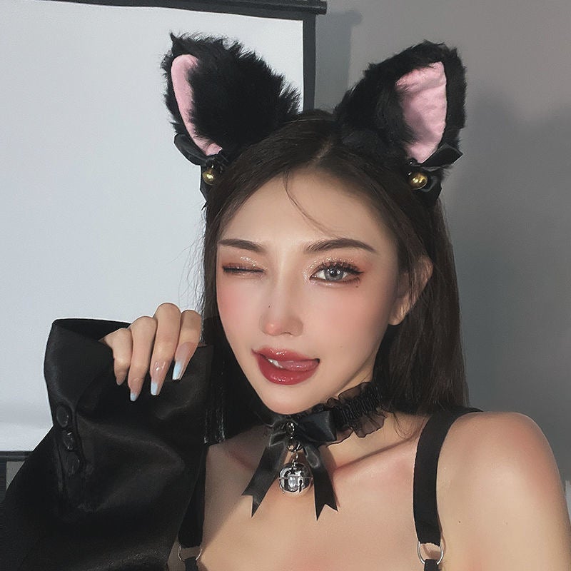 Generic Cute Cat Ear Hair Clip Plush Cosplay Accessory [Set] Black Bell cat ear headband + black bell collar 