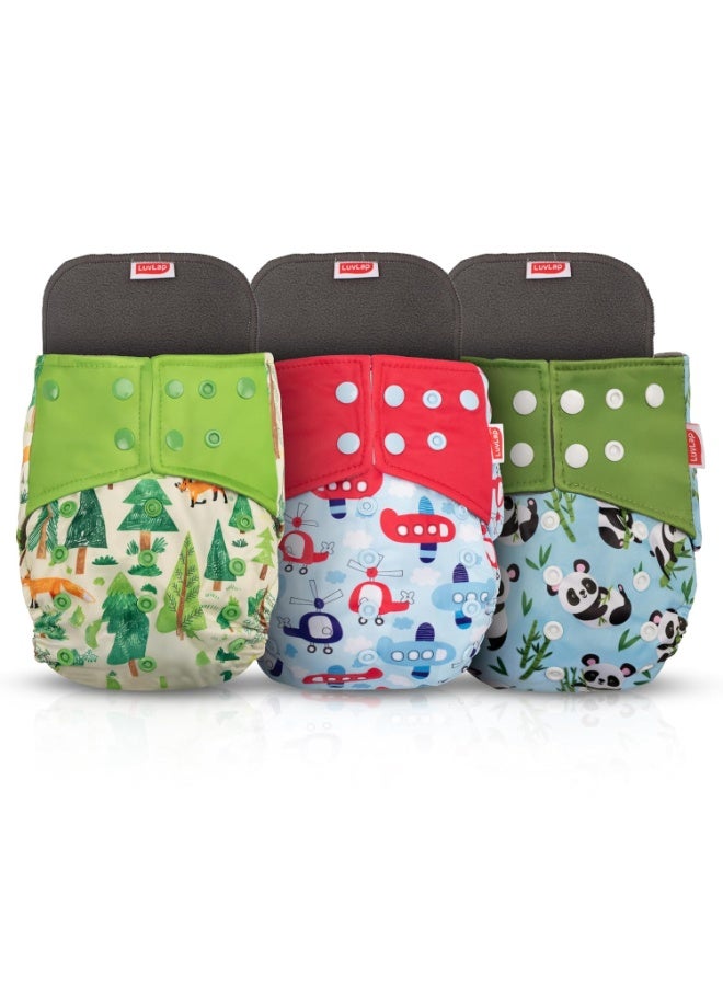 لوفلاب مجموعة حفاضات قماشية قابلة لإعادة الاستخدام من لوف لاب، 3 قطع (3 أغطية + 3 فوط صحية)، حماية مزدوجة من التسرب، امتصاص عالٍ، مقاومة للبقع، راحة وحماية، مناسبة للأطفال من عمر 3 أشهر فما فوق، لا تسبب طفحًا جلديًا، قابلة للتعديل عند الخصر والارتفاع بأزرار كبس. - Image 1
