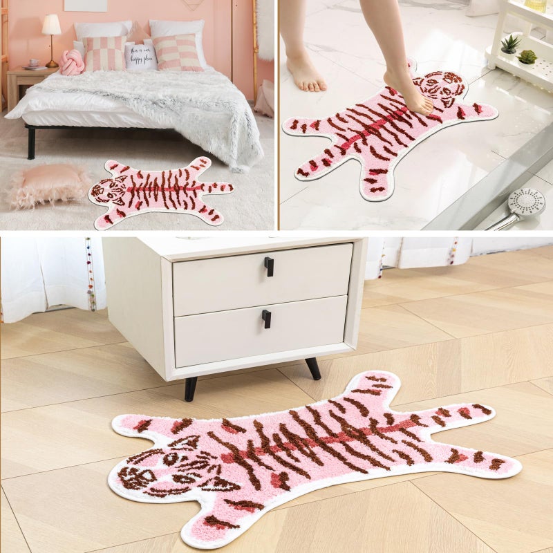 Seek4comfortable Tiger Bath Mat for Bathroom  Cute Pink Tiger Bathroom Rugs Non-Slip Cartoon Tiger Bath Mats Animals Shaped Absorbent Bathtub Rug Carpet Small Home Decor Mat Playmat Bathroom Plush Shower Rugs - Image 4