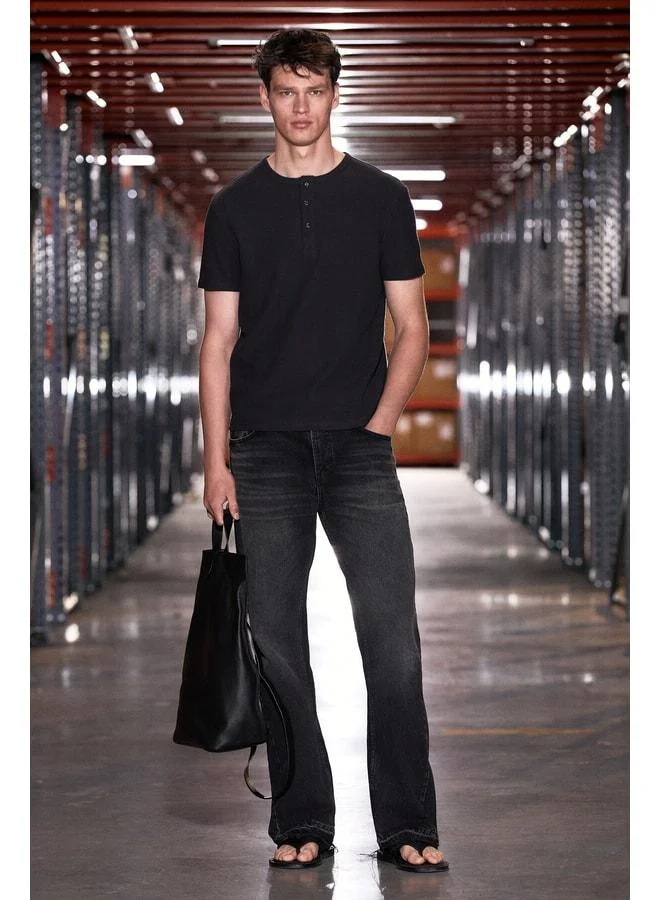 Grimelange CALPEN 100% Organic Cotton Front-Buttoned Regular Fit Black T-Shirt.