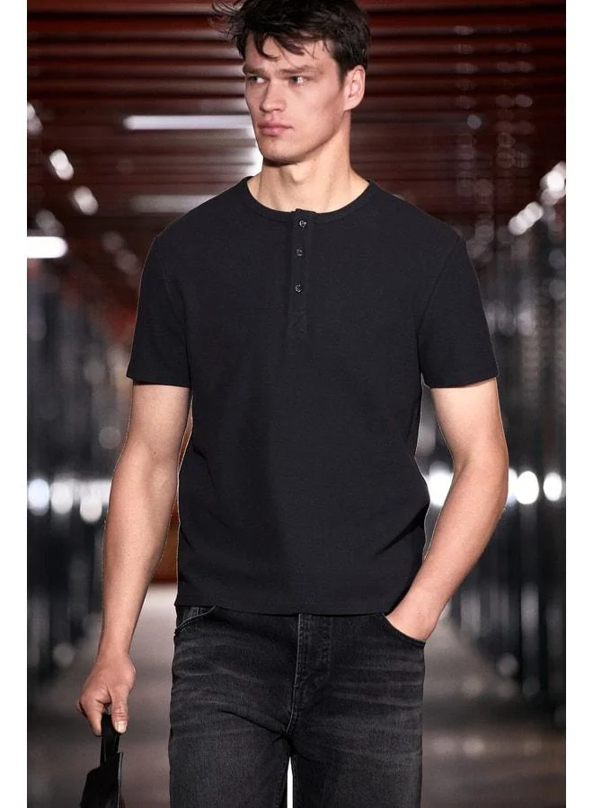Grimelange CALPEN 100% Organic Cotton Front-Buttoned Regular Fit Black T-Shirt.