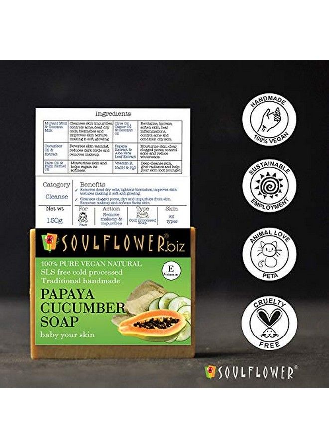 Soulflower صابون البابايا والخيار اليدوي النقي الطبيعي المعالج على البارد درجة 1 معيار بيس صابون فاخر مع زيوت أساسية أعشاب غريبة وعطر 150غ عبوة من 2 - Image 5