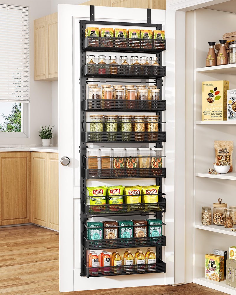 SNTD 8 Tiers Over the Door Organizer - Height Adjustable Pantry Organizers and Storage with Dense Mesh Baskets, Anti-Swing Hanging Door Spice Rack for Kitchen Bathroom (Black, 17" W x 6" D x 69" H) - Image 1