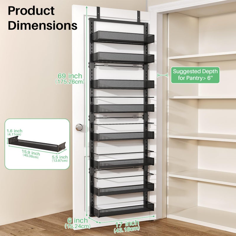 SNTD 8 Tiers Over the Door Organizer - Height Adjustable Pantry Organizers and Storage with Dense Mesh Baskets, Anti-Swing Hanging Door Spice Rack for Kitchen Bathroom (Black, 17" W x 6" D x 69" H) - Image 2