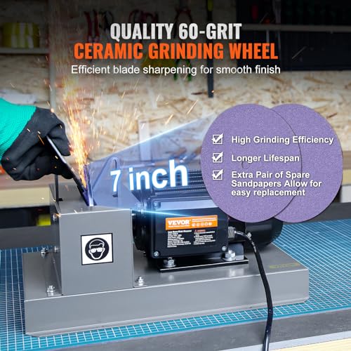 VEVOR Lawn Mower Blade Sharpener - 2/3HP 500W Grinder with 7-inch Ceramic Wheel, Sharpens High/Low Lift, Gator & Flat Blades - Image 3