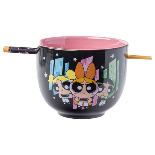 Silver Buffalo The Powerpuff Girls Girl Power Featuring Blossom, Bubbles, and Buttercup Ceramic Ramen Noodle Rice Bowl with Chopsticks, Microwave Safe, 20 Ounces - Image 1