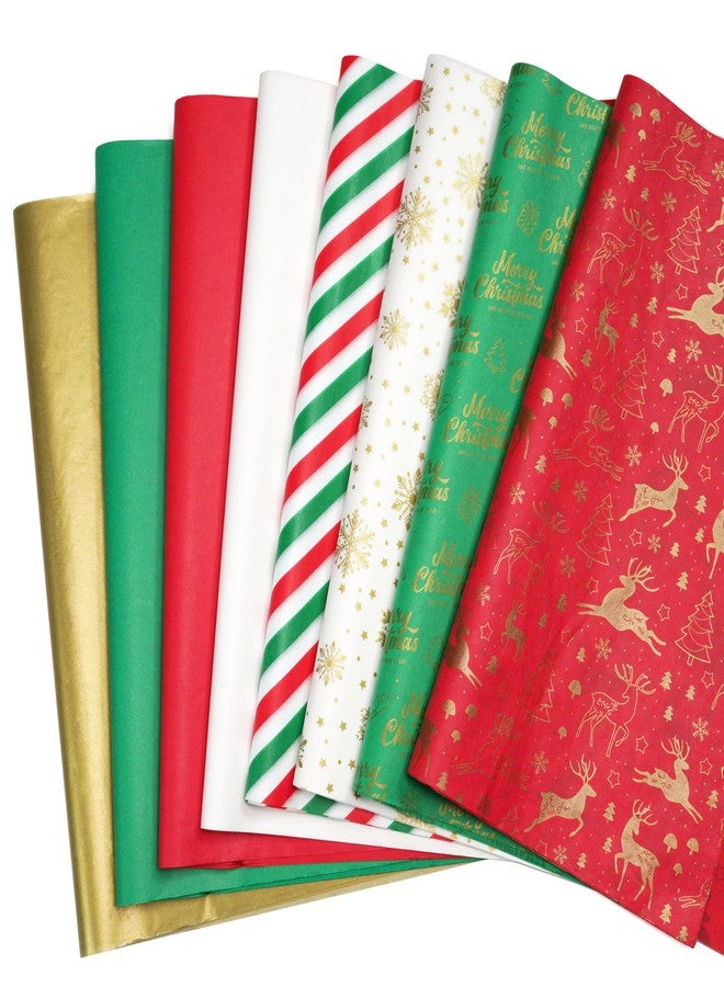 Bobobag 150 Sheets Christmas Tissue paper for Gift bags,20 x14“ Wrapping paper for Holiday decorations, 8 Festive Designs with Snowflakes, Reindeer & Gold Merry Christmas Motifs - Image 1