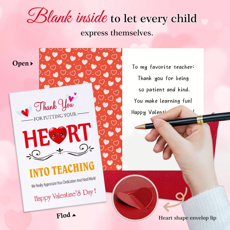 PETCEE Teacher Valentine's Day Card from Student - Thank You & Appreciation Card for Teachers Cute Heart Happy Valentine's Greeting Card with Envelope 4x6 Inch Teacher Gift - Image 2