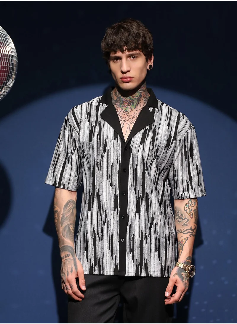 كامبوس سوترا Men's Midnight Black & Cream White Fade Cuban Polo Shirt For Casual Wear | Polo Neck | Short Cuffed Sleeves | Button Closure | Shirt Crafted With Comfort Fit For Everyday Wear