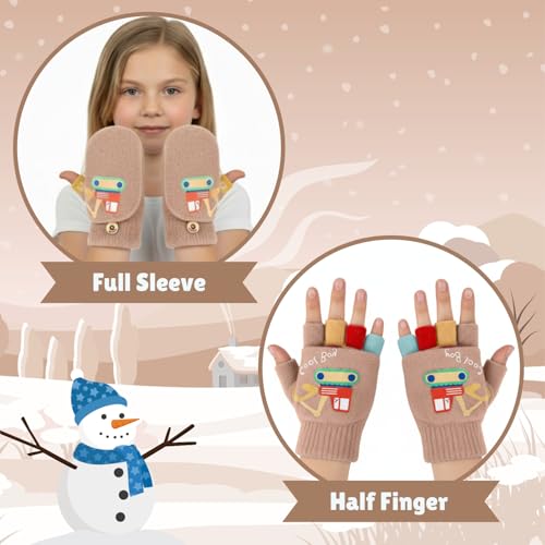 SOLDTRUE Baby Wool Soft Gloves | Mini Buldozor Design 2-in-1 Convertible Full & Half Finger Mittens | Warm, Windproof & Winter Gloves for Kids 4-9 Years, Ideal for Christmas & Birthday (Brown) - Image 3
