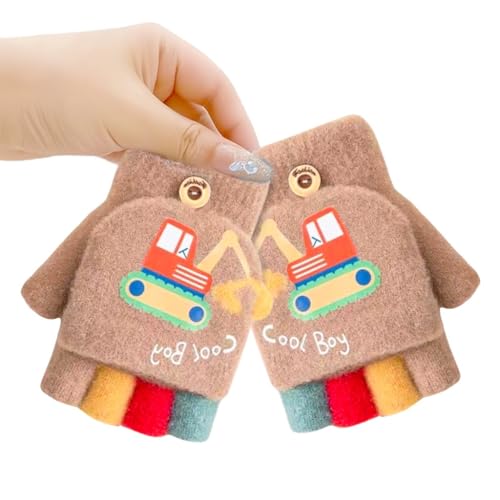 SOLDTRUE Baby Wool Soft Gloves | Mini Buldozor Design 2-in-1 Convertible Full & Half Finger Mittens | Warm, Windproof & Winter Gloves for Kids 4-9 Years, Ideal for Christmas & Birthday (Brown) - Image 1
