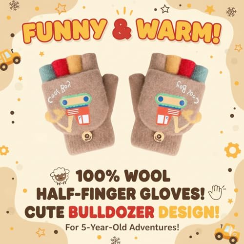 SOLDTRUE Baby Wool Soft Gloves | Mini Buldozor Design 2-in-1 Convertible Full & Half Finger Mittens | Warm, Windproof & Winter Gloves for Kids 4-9 Years, Ideal for Christmas & Birthday (Brown) - Image 2