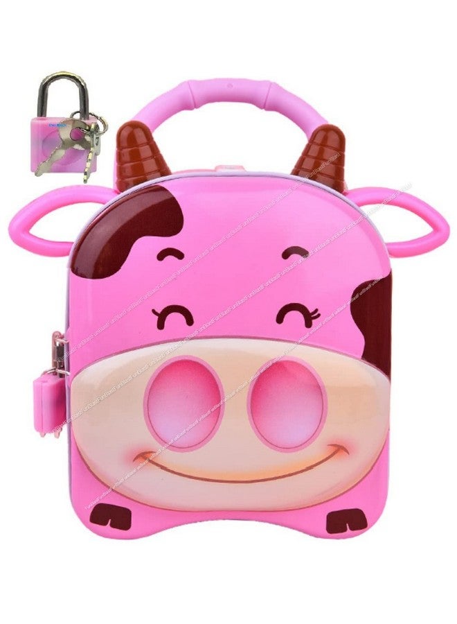 FunBlast Piggy Bank For Kids, Money Saving Tin Coin Bank With Lock And Key Cow Print Piggy Bank, Coin Box For Kids, Pink - Image 1