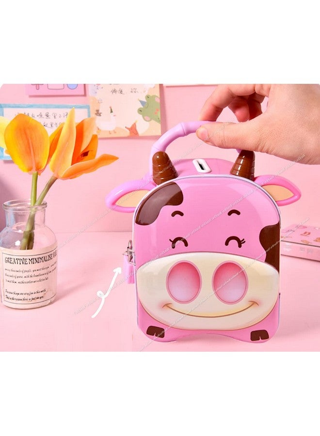 FunBlast Piggy Bank For Kids, Money Saving Tin Coin Bank With Lock And Key Cow Print Piggy Bank, Coin Box For Kids, Pink - Image 2