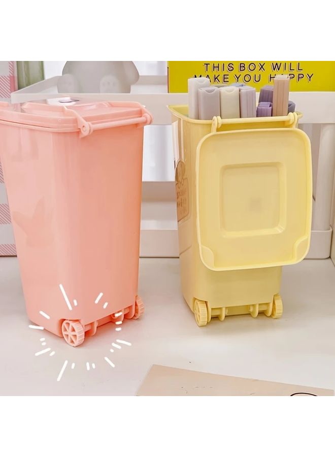 Desk Organizer Set 2 Pcs With Lids Milky Yellow Pen Holder And Wastebasket Combo For Home Office Storage - Image 5