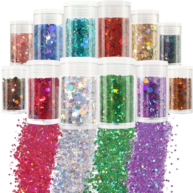 Matio Holographic Chunky Glitter,12 Colors Assorted Craft Glitter Mixed 3mm Stars Glitter Shape Fine Glitter Powder,Bulk Chunky Nail Glitter Flake Sequin for Resin,Body Nail Art,Slime Tumbler Festival - Image 1
