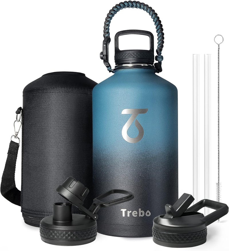 Trebo One Gallon Water Bottle Insulated with Paracord Handle128oz Large Stainless Steel Water JugVacuum Double Wall Insulated 24hr Cold RetentionLeakproof Flask with 3 LidsIndigo Black