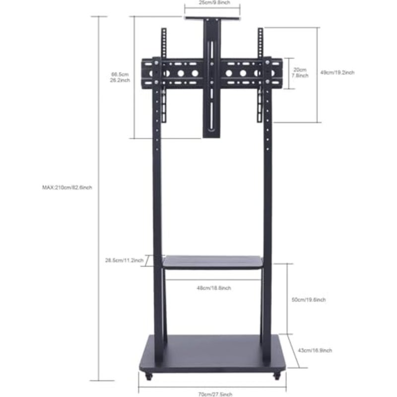 Heavy Duty Mobile TV Stand on Wheels, Height Adjustable Rolling TV Trolley for 32-75 Inch LCD LED OLED Flat Screens, Metal Shelf, Max 143LBS, VESA 600x400 Black - Image 2