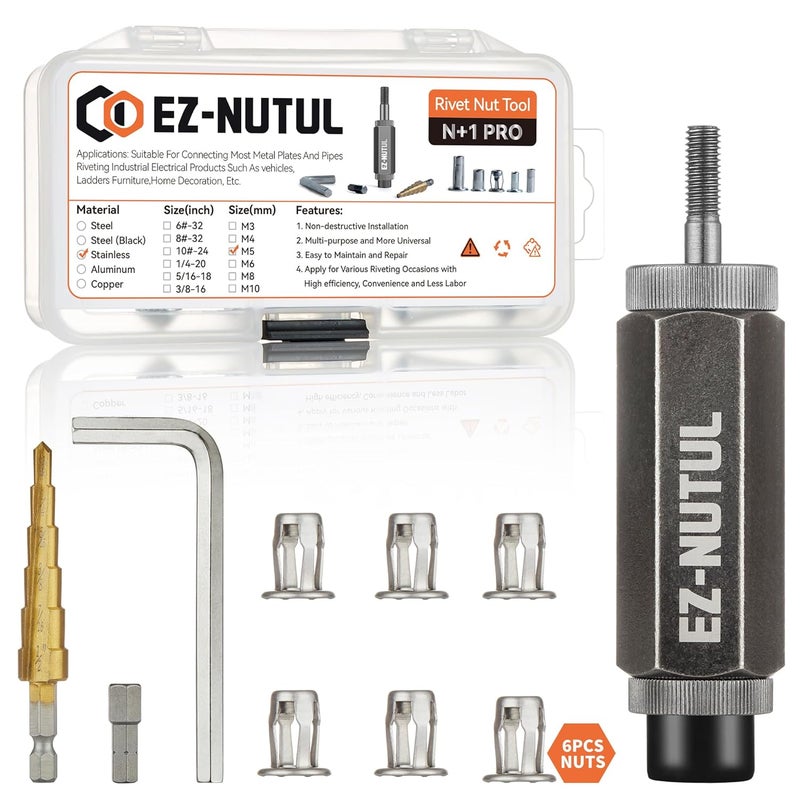 EZ-NUTUL Jack nut Installation Tool Set Hand Thread Insert Jacknuts Assortment Kit for Thin Metal Plastic Polywood Pressboard Hardboard (M5 (Jack Nut Tool-6pcs, Stainless)) - Image 1