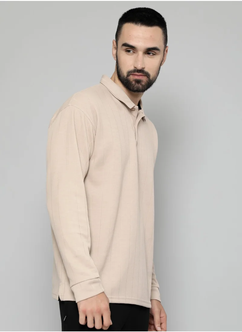 مانياك Maniac Mens Solid Full Sleeve Polo Neck Beige Cotton Oversized T-Shirt