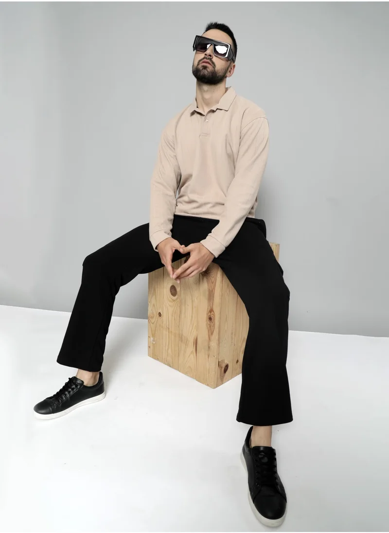 مانياك Maniac Mens Solid Full Sleeve Polo Neck Beige Cotton Oversized T-Shirt