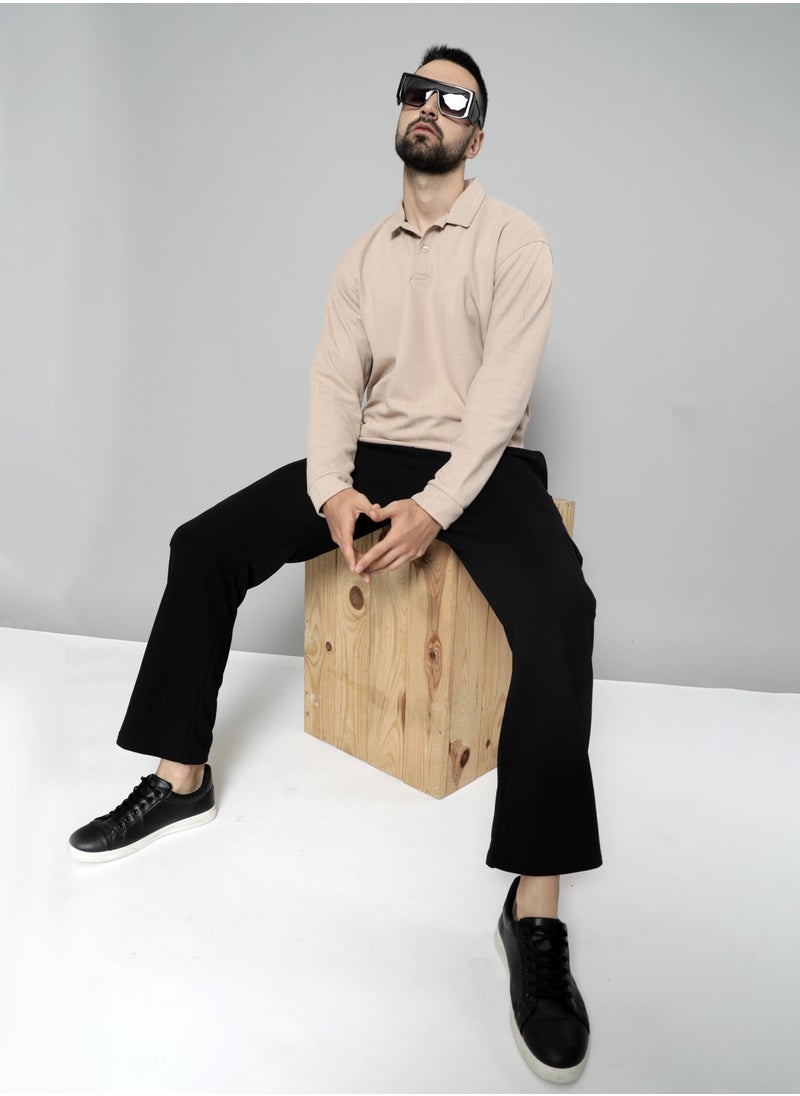 Maniac Maniac Mens Solid Full Sleeve Polo Neck Beige Cotton Oversized T-Shirt  - Image 4