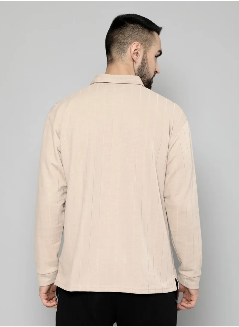 مانياك Maniac Mens Solid Full Sleeve Polo Neck Beige Cotton Oversized T-Shirt