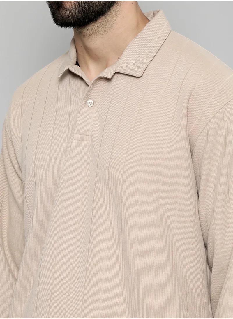 مانياك Maniac Mens Solid Full Sleeve Polo Neck Beige Cotton Oversized T-Shirt