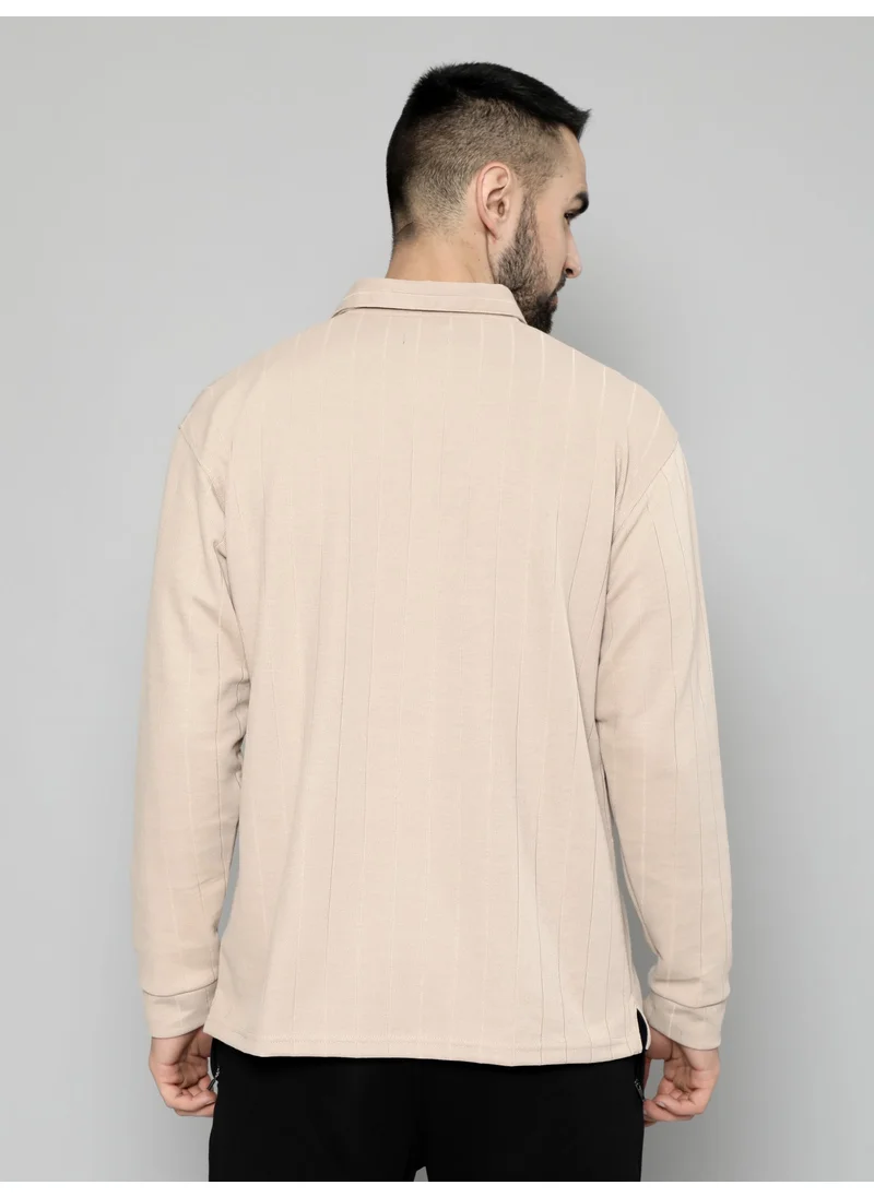 مانياك Maniac Mens Solid Full Sleeve Polo Neck Beige Cotton Oversized T-Shirt