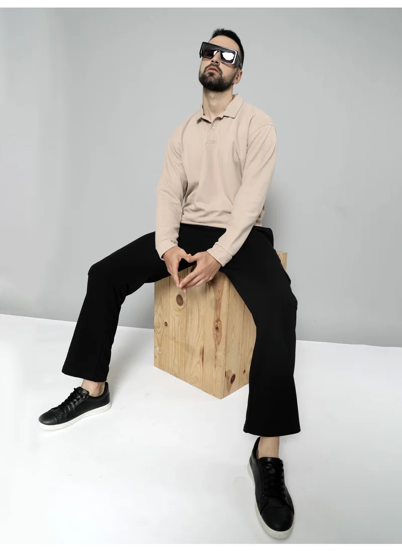مانياك Maniac Mens Solid Full Sleeve Polo Neck Beige Cotton Oversized T-Shirt