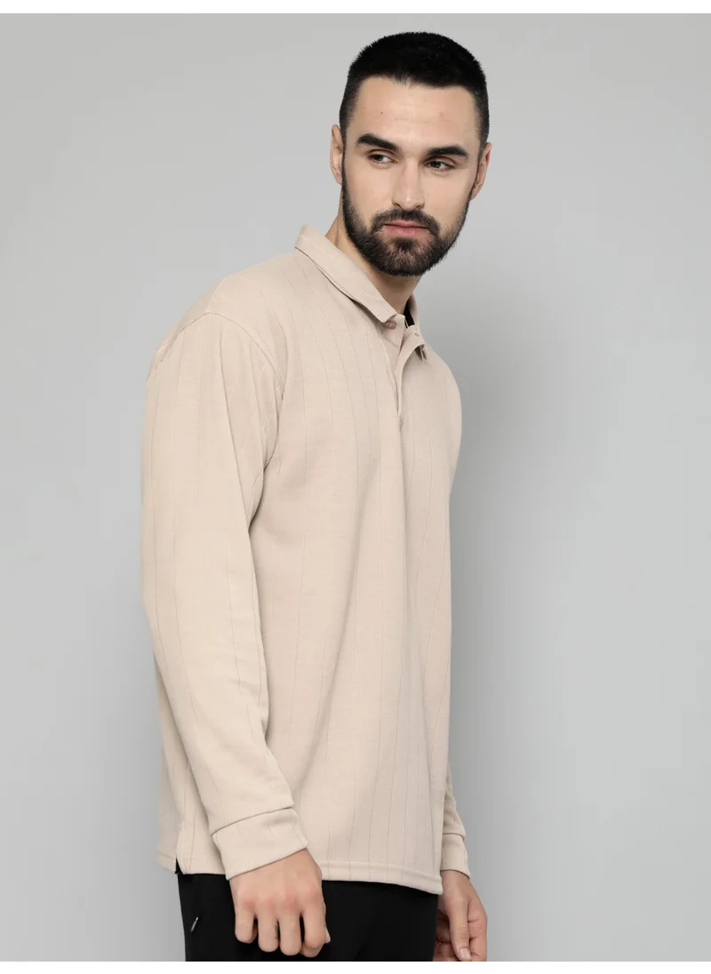 مانياك Maniac Mens Solid Full Sleeve Polo Neck Beige Cotton Oversized T-Shirt