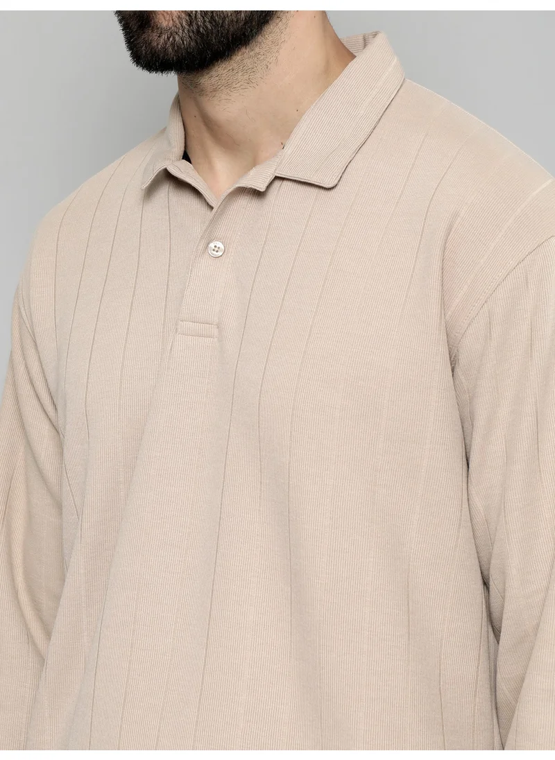مانياك Maniac Mens Solid Full Sleeve Polo Neck Beige Cotton Oversized T-Shirt