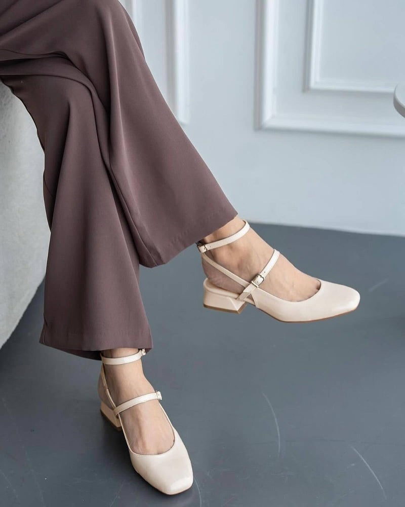 Coutgo Womens Mary Jane Chunky Low Heels Closed Square Toe Ankle Strap Pumps Wedding Party Dress Shoes, Beige, Size 8.5 - Image 2