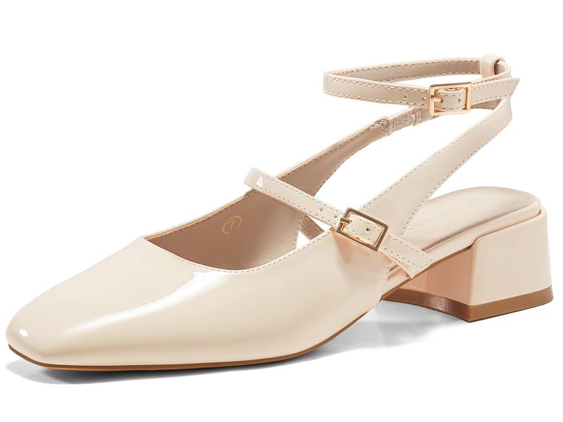 Coutgo Womens Mary Jane Chunky Low Heels Closed Square Toe Ankle Strap Pumps Wedding Party Dress Shoes, Beige, Size 8.5 - Image 1