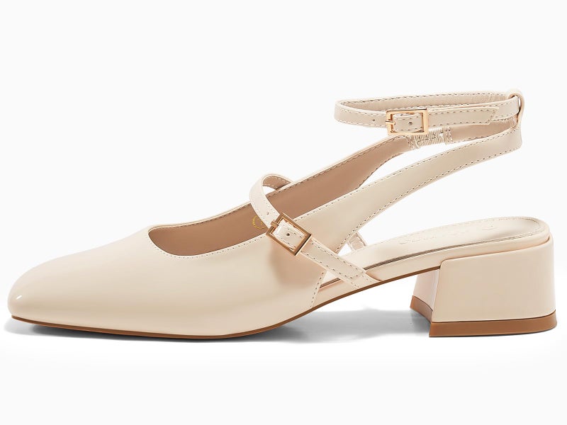 Coutgo Womens Mary Jane Chunky Low Heels Closed Square Toe Ankle Strap Pumps Wedding Party Dress Shoes, Beige, Size 8.5 - Image 4