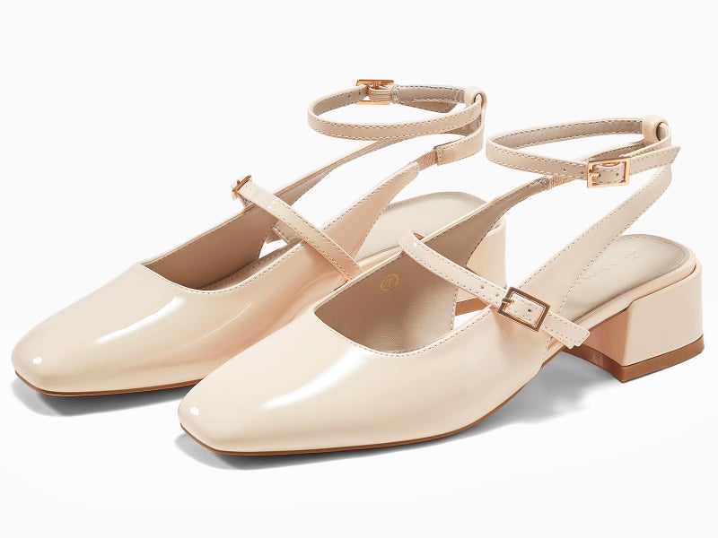 Coutgo Womens Mary Jane Chunky Low Heels Closed Square Toe Ankle Strap Pumps Wedding Party Dress Shoes, Beige, Size 8.5 - Image 5