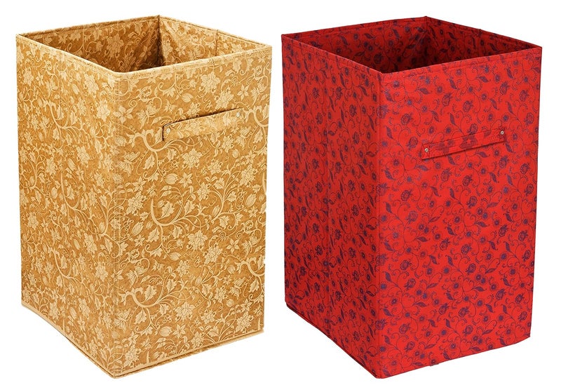 Kuber Industries Metalic Floral Print Fabric Foldable Laundry Organiser,60Ltr(Set Of 2, Beige & Red)-KUBMART16453 - Image 1