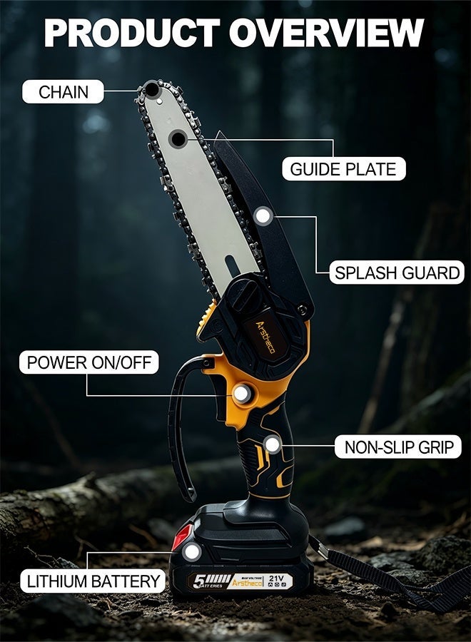 Arstheco 21V 5.0Ah Mini Chainsaw, 2 Batteries Portable Electric Chainsaw with 120° Rotatable Baffle, Safety Switch & Rapid Heat Dissipation, Handheld Cordless Chainsaw for Wood Cutting, Bamboo Harvesting, Garden Pruning - Image 3