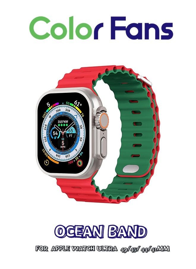 Color Fans - Apple Watch Ultra Ocean Band 49mm 45mm 44mm 42mm for Men Women, Soft Silicone Sport Band Replacement Strap for Apple Watch Ultra iWatch Series 8 7 SE 6 5 4 3 2 1 Red-Emerald Green - Image 1