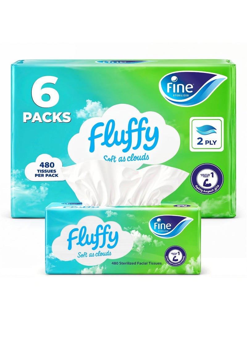 Fine Fluffy Facial Tissues 480 Sheets,2 Ply, Pack of 6 - Image 1