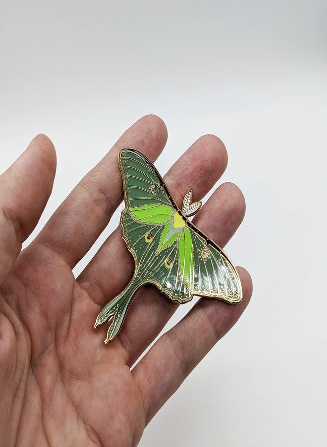 Anima Luna Moth Enamel Pin - 3" Realistic Green Insect Lapel Pin | Gold Metal-Plated Hard Enamel Brooch with Black Rubber Clutches | Celestial Moth Collector Badge for Jackets, Bags & Hats - Image 2