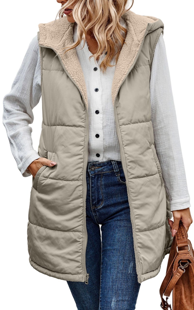 ECOWISH Women Long Puffer Vest Fall Zip up Reversible Fleece Jacket 2025 Winter Warm Sleeveless Hooded Coat with Pockets Light Khaki XL