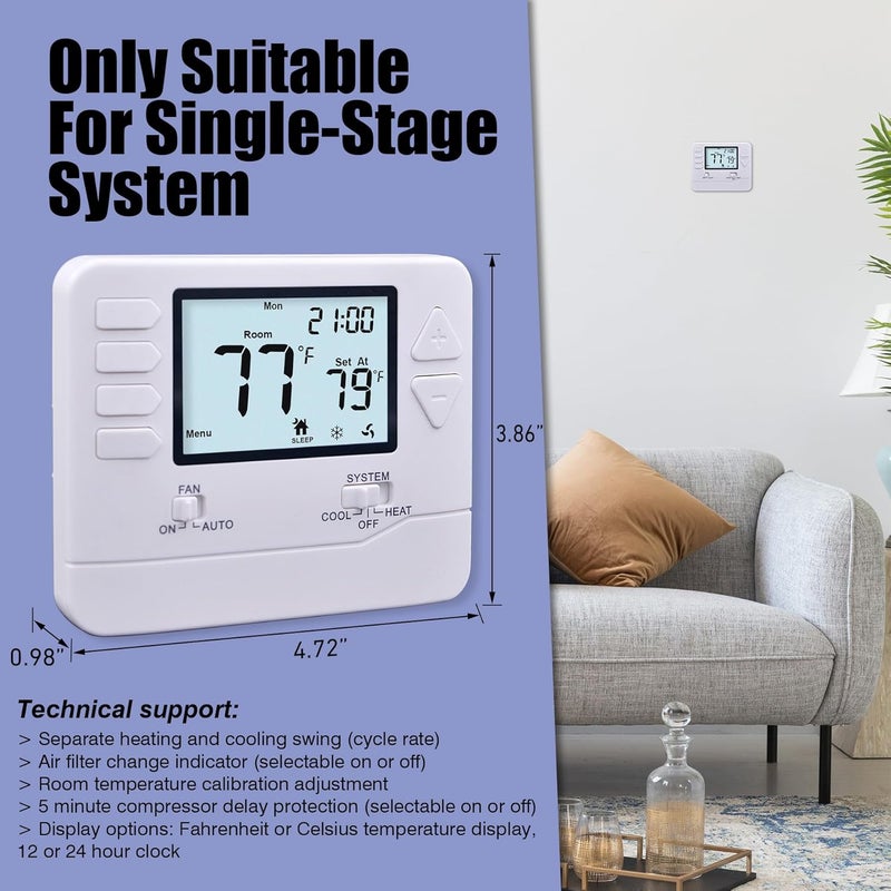 Heagstat 5-1-1 Day Programmable Thermostat for Home Conventional Single-Stage Systems, up to 1 Heat/ 1 Cool, (with White Backlight) - Image 3
