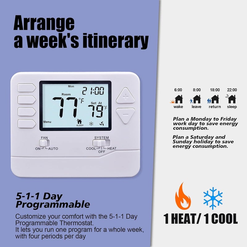 Heagstat 5-1-1 Day Programmable Thermostat for Home Conventional Single-Stage Systems, up to 1 Heat/ 1 Cool, (with White Backlight) - Image 2