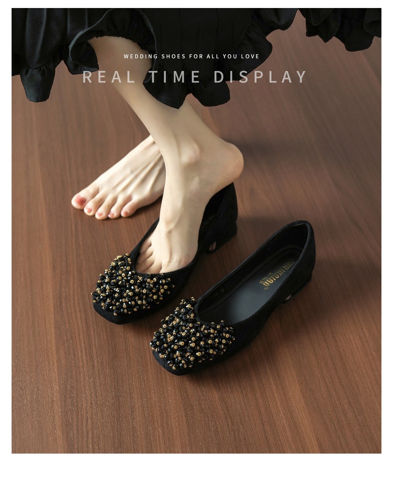 Women's Square Toe Slingback Shoes with Handmade Beading, 3cm Chunky Mid Heel, Suede Upper - Image 5