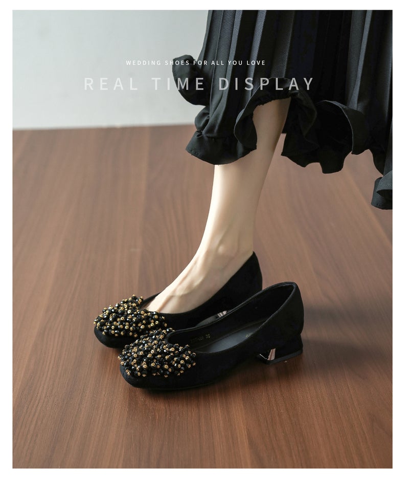 Women's Square Toe Slingback Shoes with Handmade Beading, 3cm Chunky Mid Heel, Suede Upper - Image 3
