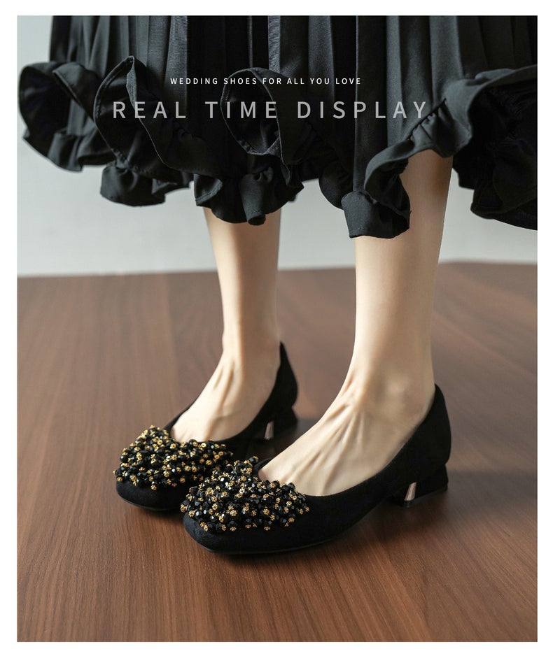 Women's Square Toe Slingback Shoes with Handmade Beading, 3cm Chunky Mid Heel, Suede Upper - Image 2