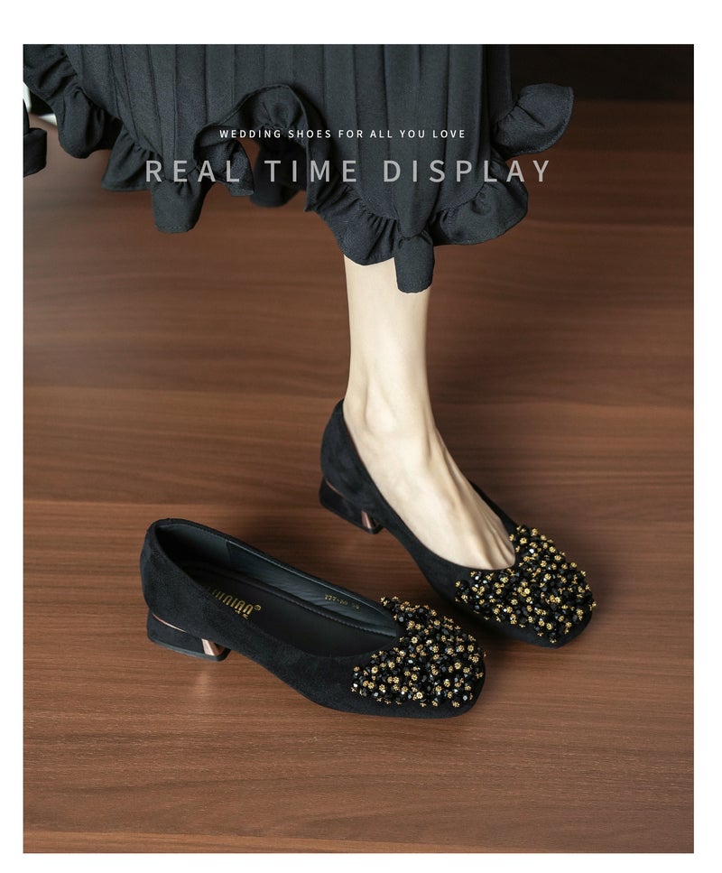 Women's Square Toe Slingback Shoes with Handmade Beading, 3cm Chunky Mid Heel, Suede Upper - Image 4