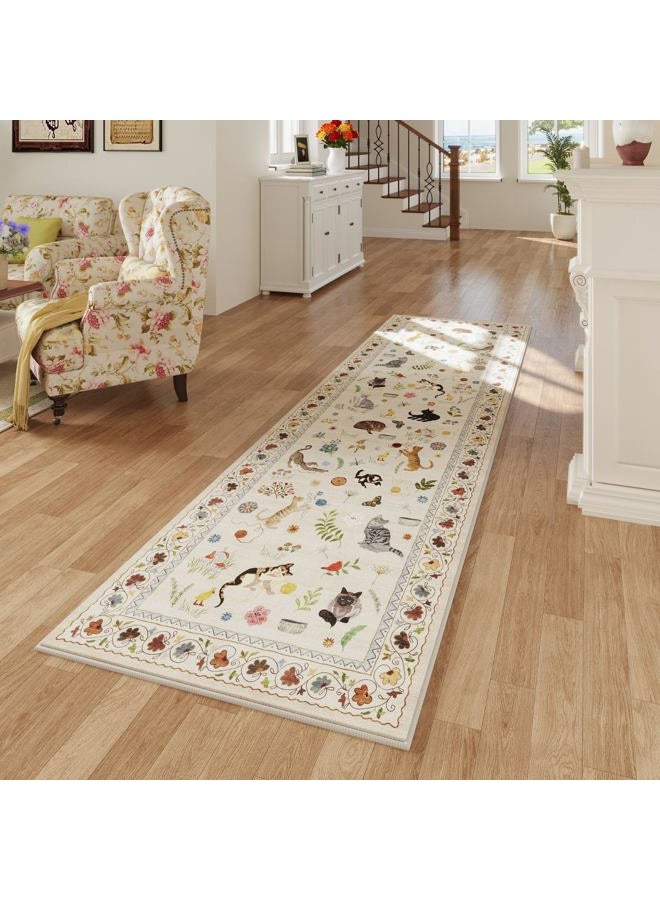 Rugcomf Runner Rug for Kitchen Non Slip 2'x6' Washable Rugs with Rubber Backing Soft Floral Animal Cat Carpet for Kitchen Laundry Bedroom Bathroom, Beige - Image 2
