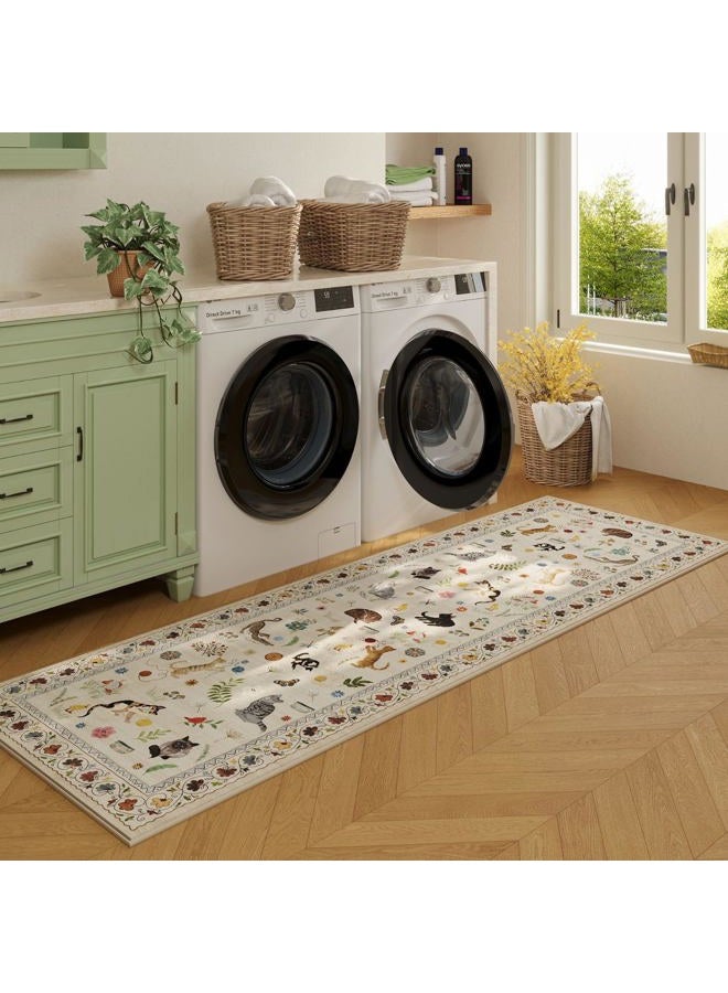 Rugcomf Runner Rug for Kitchen Non Slip 2'x6' Washable Rugs with Rubber Backing Soft Floral Animal Cat Carpet for Kitchen Laundry Bedroom Bathroom, Beige - Image 4
